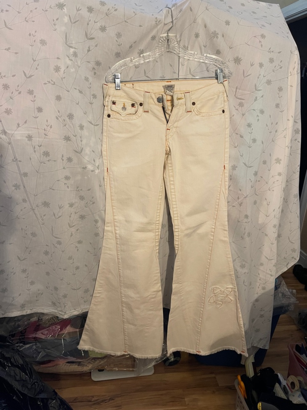 True Religion Cream Flare Jeans with Embroidered Hem